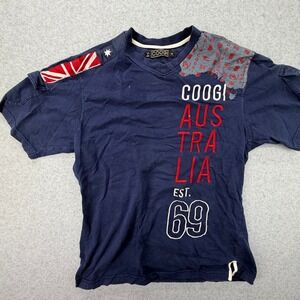 COOGI Australia Navy Blue Graphic T-Shirt Medium Embroidered Patchwork V-Neck